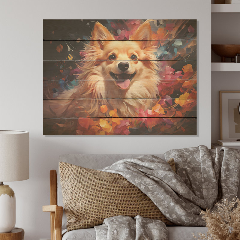 Pomeranian Playfulness - Dog Wood Wall Art On Natural Pine Wood, 10" H x 20" W