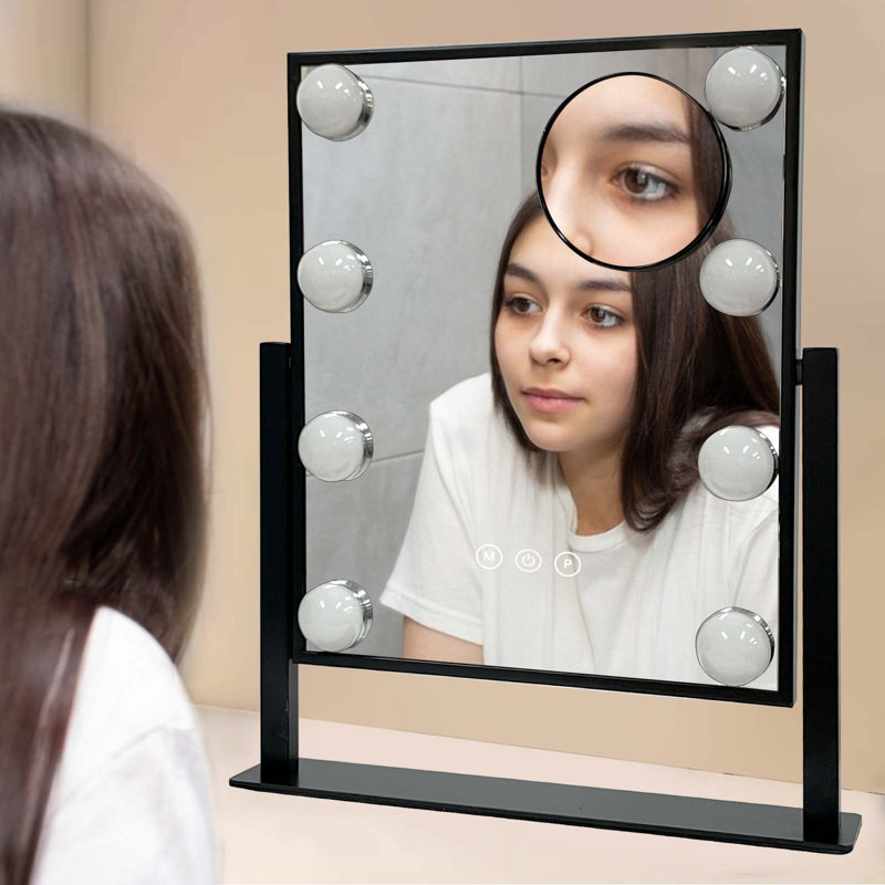 Hollywood Vanity Mirror with 3 color lights ,8 Dimmable Bulbs, Touch Control, for Makeup & Shaving, Matte Black