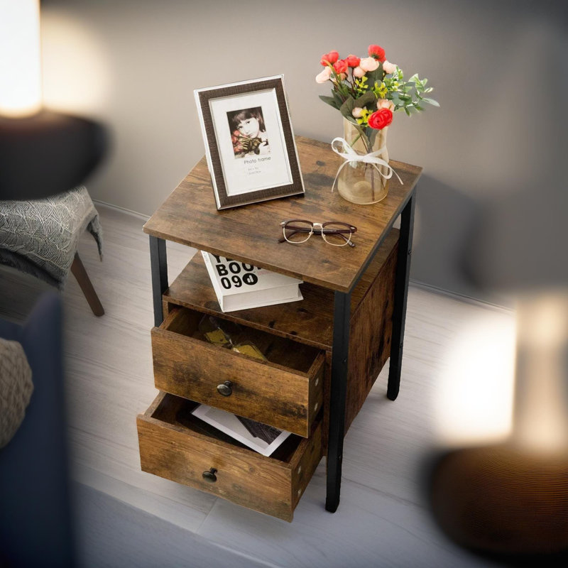 Dosch Wooden 2 Drawer Bedside Table Rustic Industrial Side End Tables Living Room Home Furniture, Dark Brown