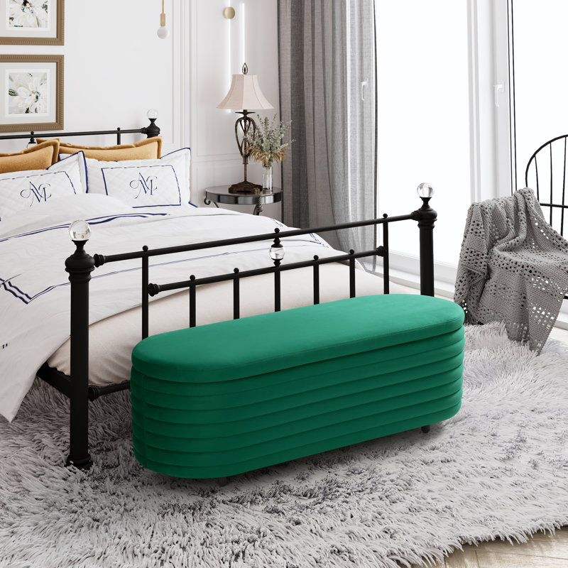 Banc de rangement rembourré en polyester Farrah, H 18,1 po x l 54 po x P 19 po, Vert
