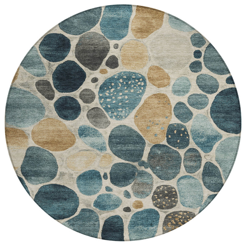 Machine Washable Indoor/Outdoor Xhevrie Teal Rug, Round 8'