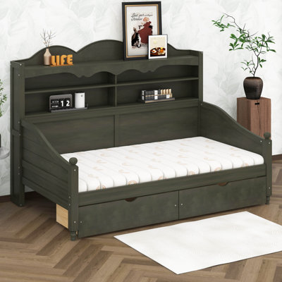 Lit de jour simple avec tiroirs de rangement et étagère de tête de lit, structure de lit de jour rétro en bois