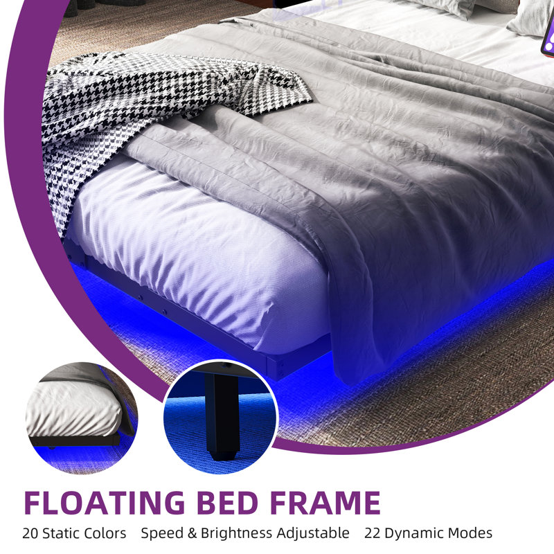 Floating Metal Bed Frame with LED Lights and Charging Station, Full
