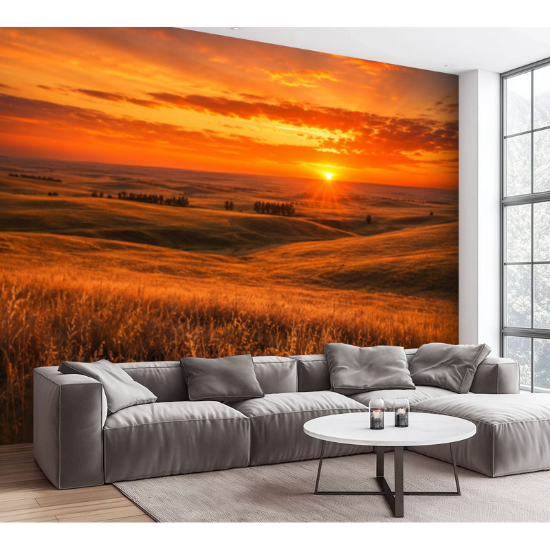 Papier peint adhésif autocollant orange brillant coucher de soleil Kansas Hills, papier adhésif de contact amovible pour décoration de salon
