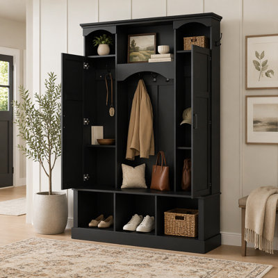 Arbre de couloir moderne tout-en-un avec tablettes réglables, banc de rangement de style campagnard arqué classique avec armoires latérales doubles