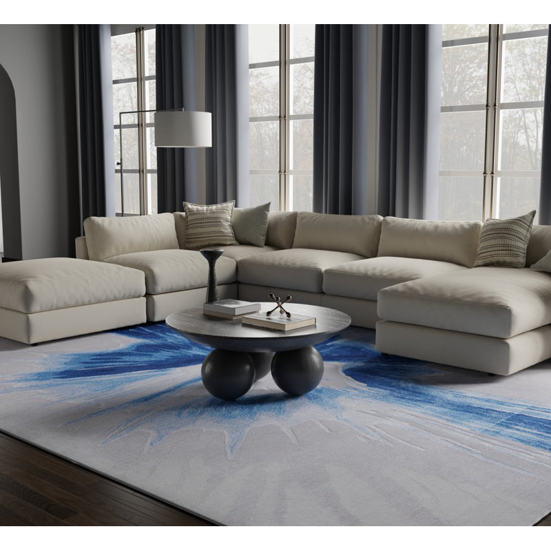 Kawai Hand Knotted Wool/Viscose Abstract Area Rug in Blue, Rectangle 10' x 14'