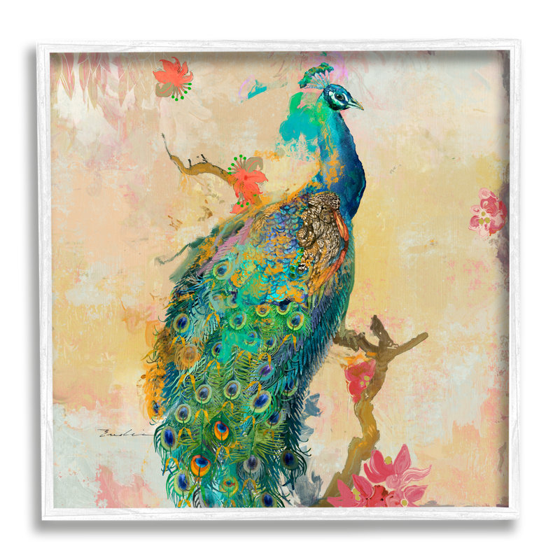 «Modern Peacock Cherry Blossoms» par Evelia Designs - cadre flottant, impression sur bois, H 24 po x l 24 po x P 1,5 po
