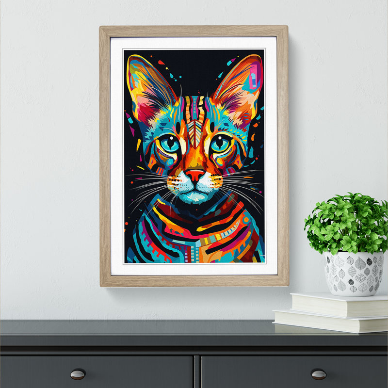 Bengal Cat Modern No.2 - Single Picture Frame Print on Wood, 34cm H x 25cm W x 2cm D, Oak Framed