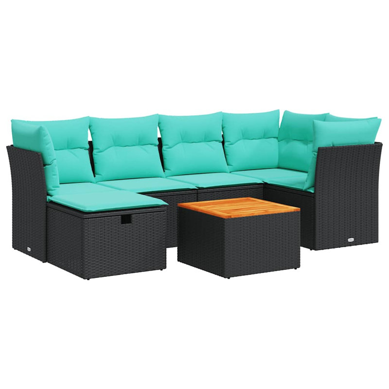  Ensemble de canapé de patio 7 pièces avec coussins en rotin de polyester, Noir, Vert