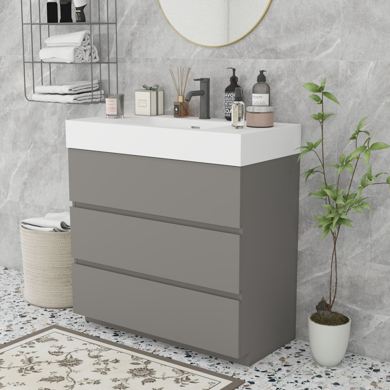 Meuble-lavabo moderne autoportant, Blanc, Gris