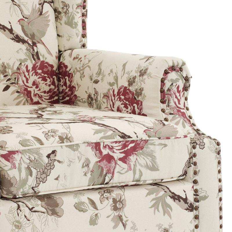  Duward Beige Floral Upholstered Wingback Accent Chair with Nailhead Trim, Floral Bird Beige 