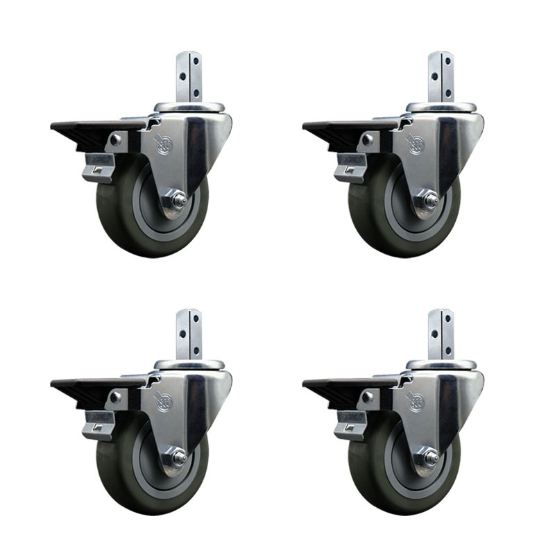 Ensemble de roulettes à tige carrée pivotante en poly avec frein SCC, gris