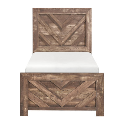 Lit simple de style rustique brun en bois, avec tête de lit et rails, sommier tapissier requis