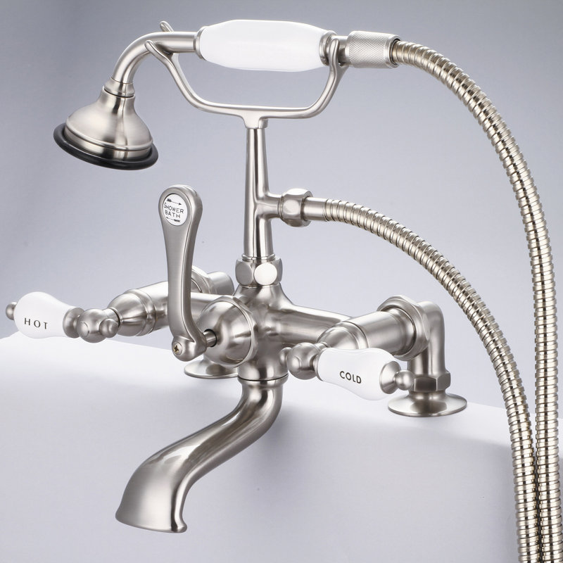 Robinet de baignoire à pattes avec douche à main Stonington, Poignées à levier en porcelaine étiquetées fro, Nickel poli
