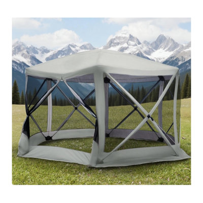 Hexagon Pop-Up Party Tent Gazebo with Mesh Netting, Beige Polyester