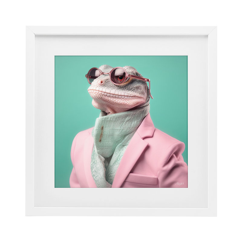 Hipster Iguana Portrait, reproduction encadrée sous verre, design par Roozbeh, H 13 po x l 13 po, Cadre blanc côtier