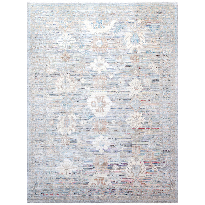 Hand Knotted Wool Area Rug in Silver