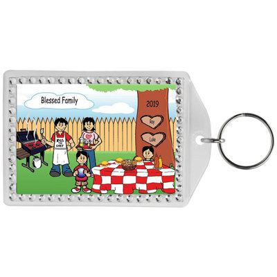 Personalized Name That Toon Family Backyard Barbeque 2 boys Rhinestone Bordered Key Chain