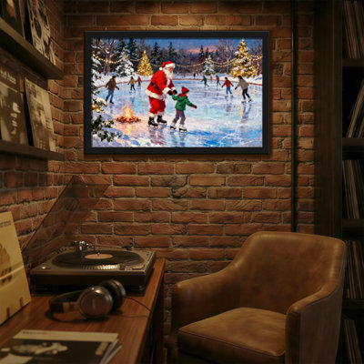Christmas Santa Skating With Child On Ice Rink