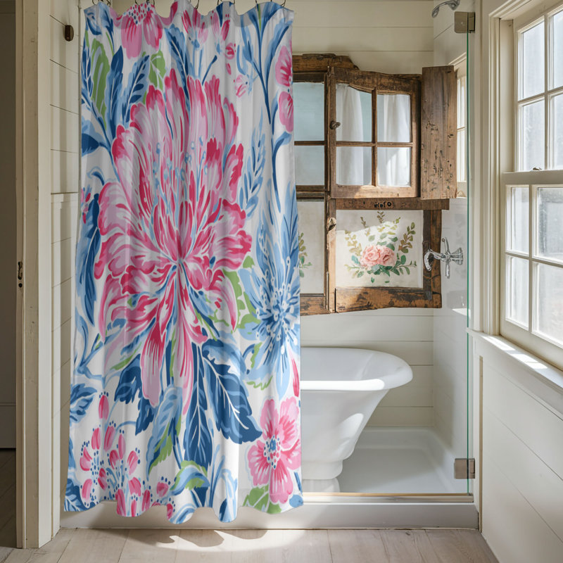 Rideau de douche standard 1 pièce Preppy Pastel Florals, H 74 po x l 71 po, Blue Pink