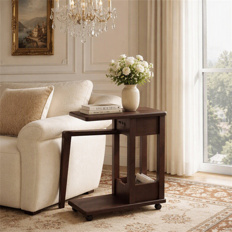 C-Shaped Side Table, 2-Tier Rolling Sofa End Table with Swivel & Lockable Casters