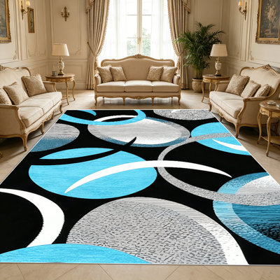 1PC Modern Geometric Overlapping Circles Abstract Black Blue Grey area rugs for Living Room, Soft, easy-to-maintain, machine washable Indoor floor mat suitable for dining room, bedroom, entryway, home office, hallway, backyard, porch Home Decor.