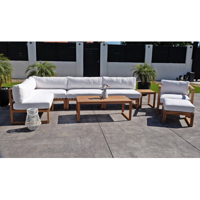 Predestin Teak 5 - Person Modular Patio Conversation Sets with Sunbrella® Cushions