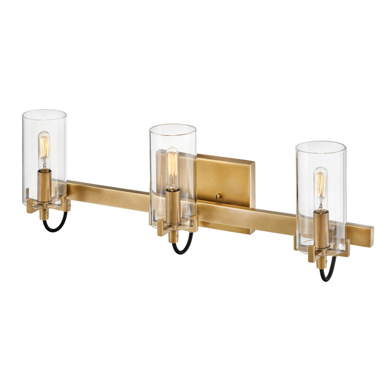 Ryden 3-Light Bath Vanity Fixture with Clear Cylindrical Shades, Heritage Brass