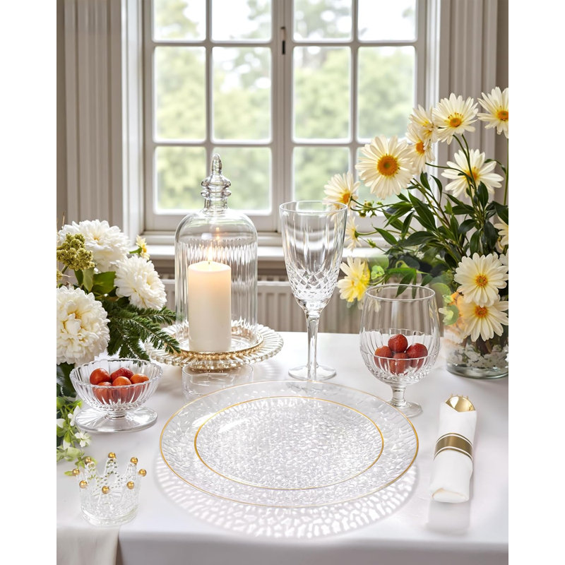 350pcs Clear Gold Plastic Plates - Clear Plastic Dinnerware Set