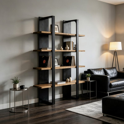 Black and Walnut Contemporary 4-Tier Open Back Ladder Wood Bookcase, Two Tone Vertical Engineered Hardwood Display Storage Shelf for Living Room Bedro