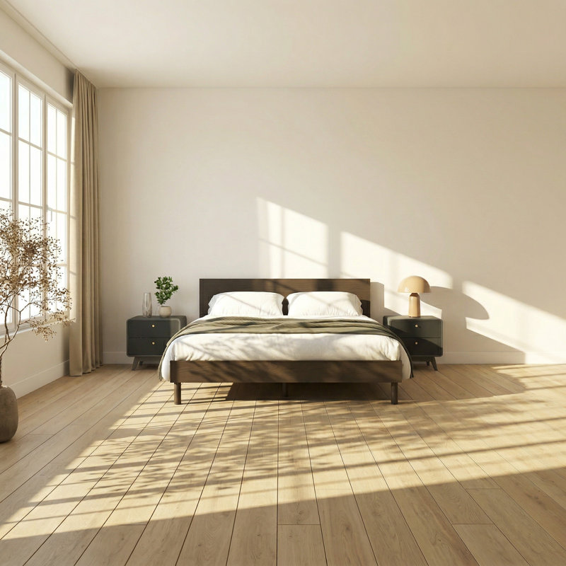 Très grand lit plateforme en bois d'hévéa et en placage de chêne l 83,5 po x P 79 po x H 51 po