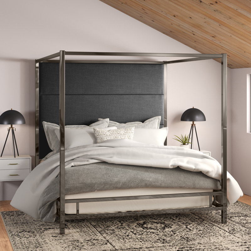 Moyers Upholstered Metal Canopy Bed, Black Nickel/Heathered Dark Grey Linen, Queen