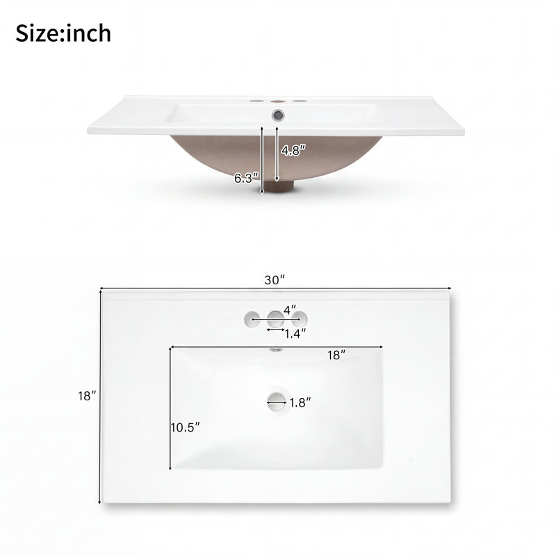 Meuble-lavabo de 30 po avec lavabo en céramique, armoire de rangement moderne avec portes et tiroirs à fermeture en douceur