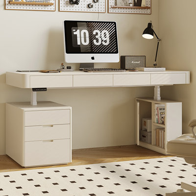 Bureau rectangulaire en bois manufacturé blanc + acier avec 4 tiroirs