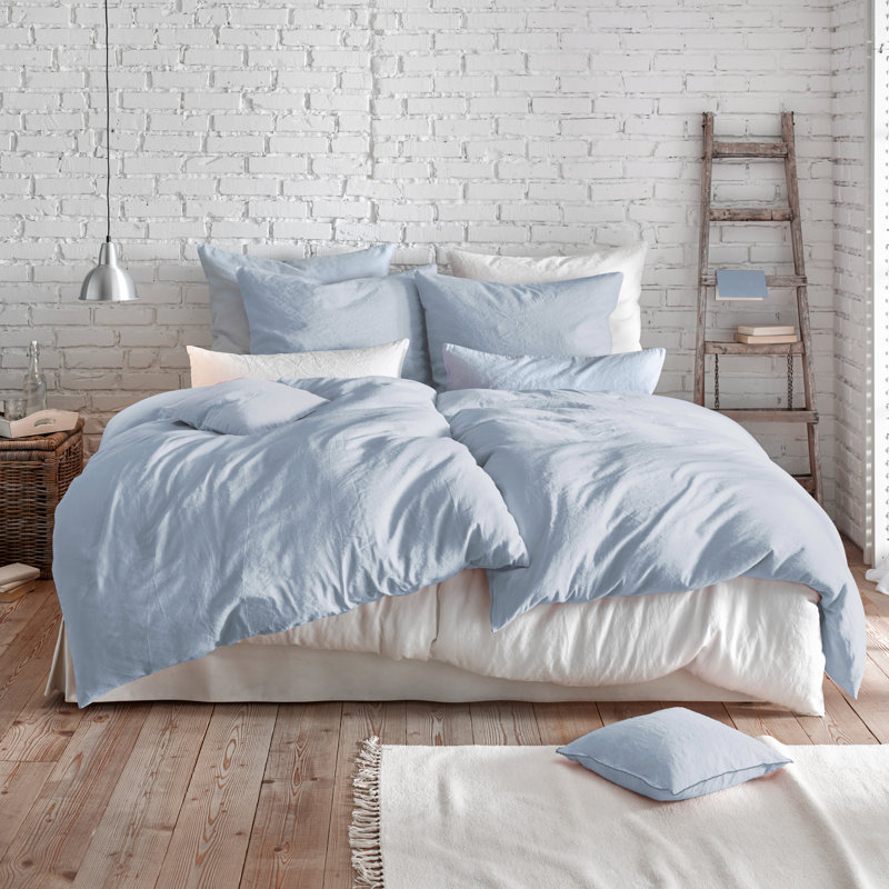Halbleinen Provence Cotton Blend, Linen Solid Colour Duvet Cover Set with Pillow Shams, Blue