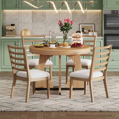 Round Dining Table for 4 with Chairs Set, Extendable Dining Table Set with 16" Removable Middle Leaf, 5 Piece Retro Dining Table Set Unique Geometric