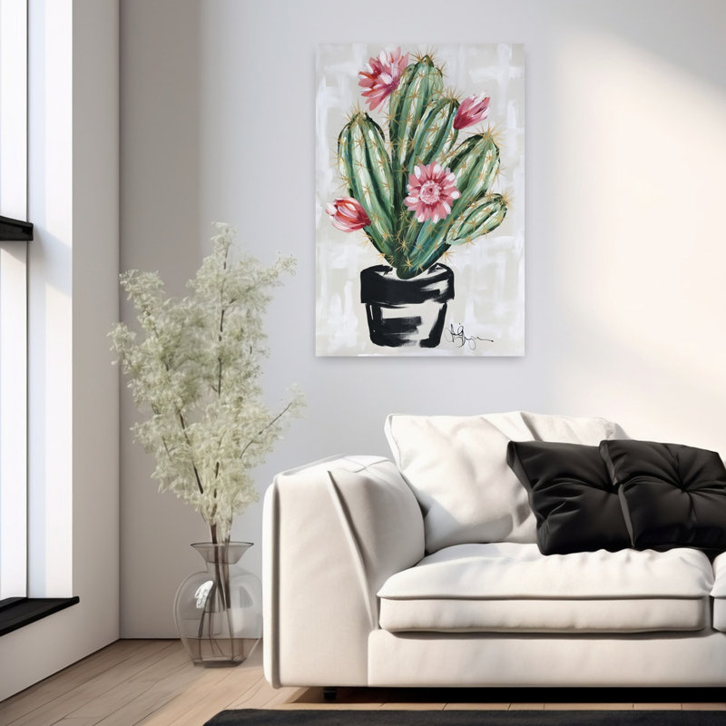 Blooming Cactus Abstract Contemporary Cactus Landscape Nature Art, 36" H x 24" W