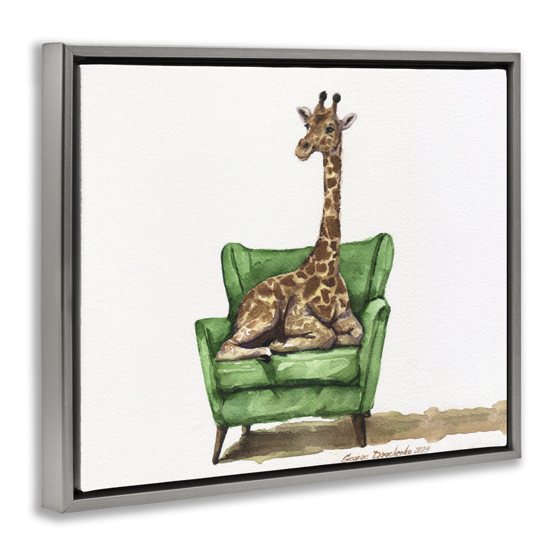 Mignonne girafe sur chaise flottante verte, design par George Dyachenko, H 25 po x l 31 po, Cadre flottant gris lustré