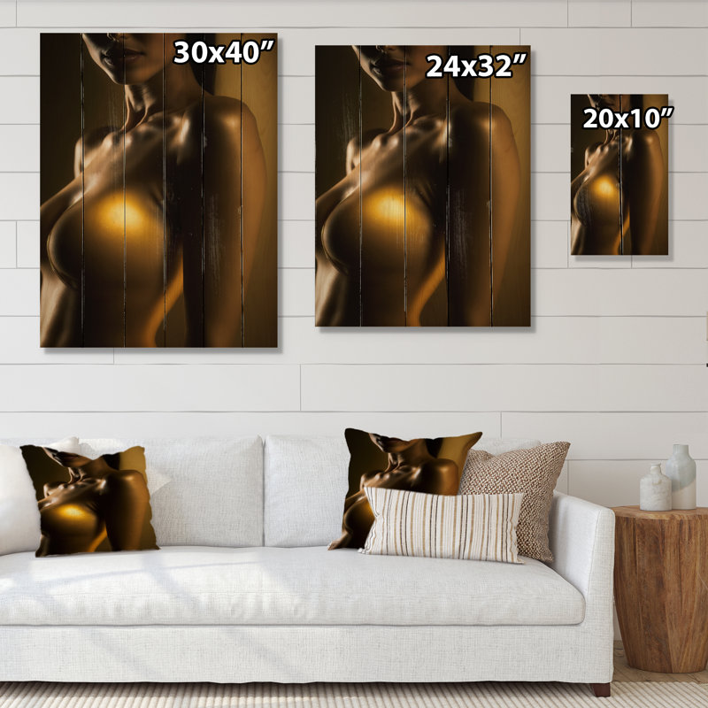 Portrait doré rétro - impression sensuelle de femme sur bois de pin naturel, H 20 po x l 10 po x P 0,78 po