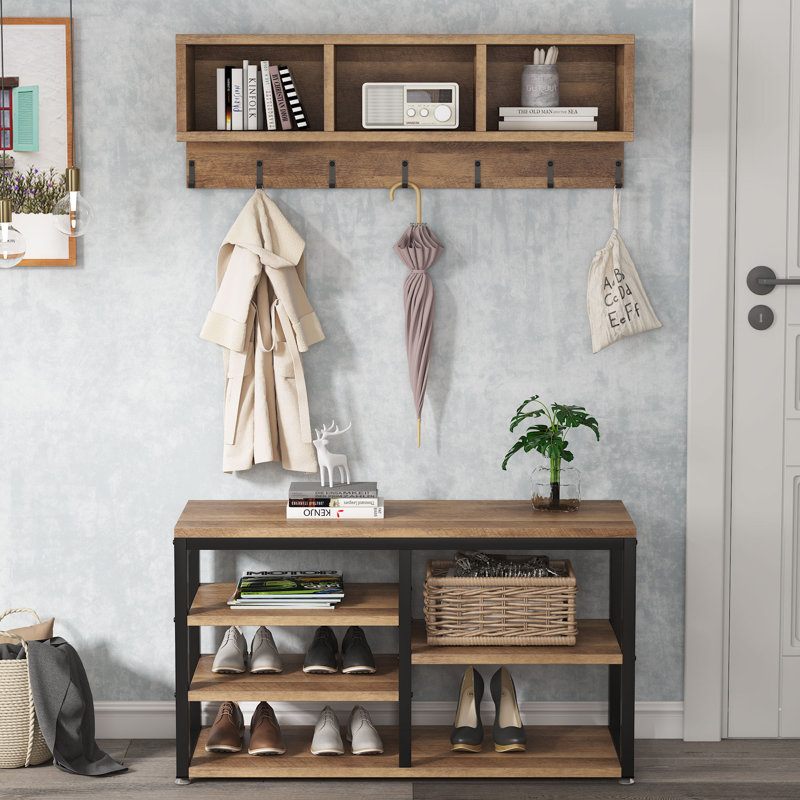 Edalyn 31.5"  Wide Hall Tree with Bench and Shoe Storage, Brown