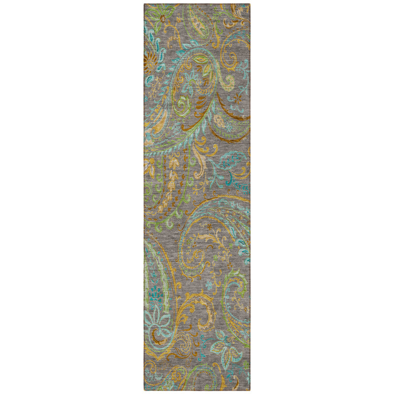 8' Runner Taupe Paisley Washable Non Skid Indoor Outdoor Runner Rug