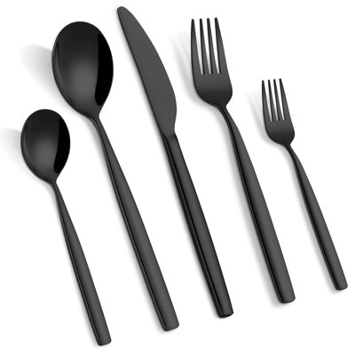 Ensemble de couverts 30 pièces en argent mat noir, ensemble de couverts en acier inoxydable pour 6 personnes, ensemble d'ustensiles de cuisine avec couteaux à steak, fourchette et cuillère