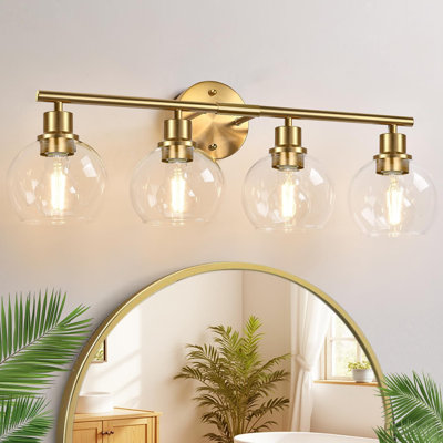 Luminaire de salle de bain 4 lumières 2025, lumières de meuble-lavabo modernes dorées au-dessus d'un miroir avec abat-jour en verre transparent, appliques murales de salle de bain pour miroir, salon, vestibule, vestibule, porche