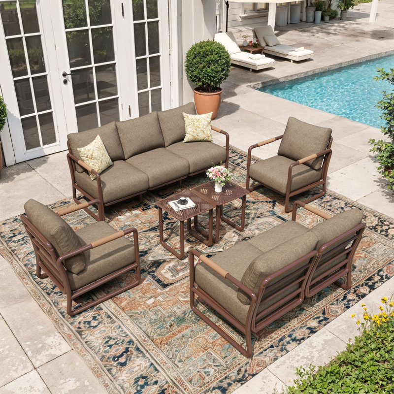 Modern 6-Piece Outdoor PE Rattan Patio Conversation Set with Steel Frame, Includes 3-Seat Sofa, Loveseat, 2 Armchairs, and 2 Coffee Tables for Backyard, Garden, Brown