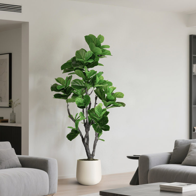 6.5 ft. Artificial Fiddle Leaf Fig Tree in White Decor Pot, Faux Green Plant, 76" H x 35.5" W x 31.5" D