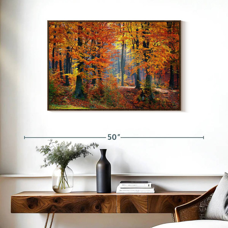 Arbres d'automne, 37 po x 25 po, Cadre flottant en noyer