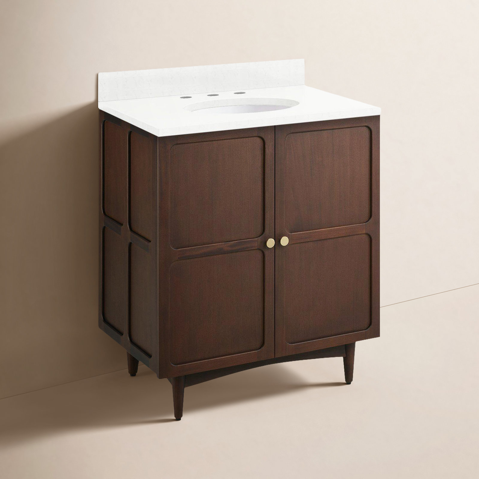 Delavan 30" Mahogany Single Bathroom Vanity, Feathered White Quartz, 8" Widespread