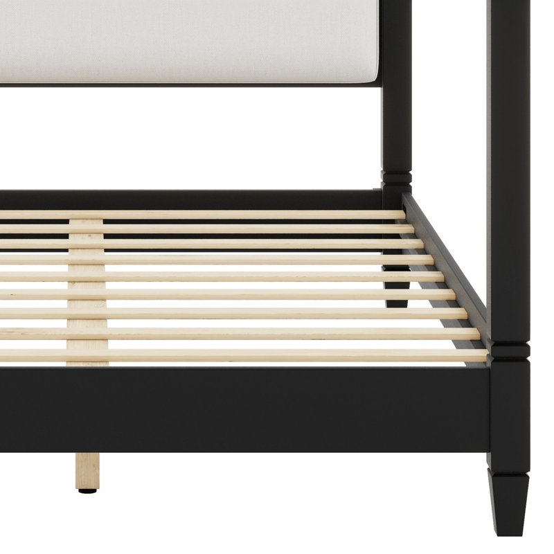 Lit plateforme à baldaquin confortable avec tête de lit tapissier et pieds de lattes en bois fiables, Grand lit, Noir
