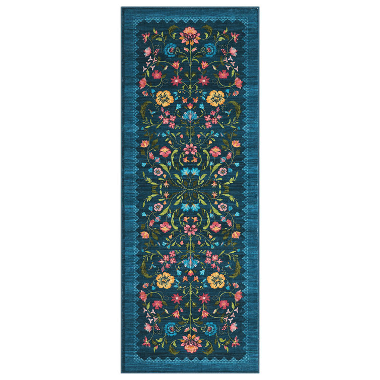 Floral Machine Washable Rug Non-Slip Farmhouse Floor Cover, Stain-Resistant Low Pile Indoor Carpet Mat for Living Room