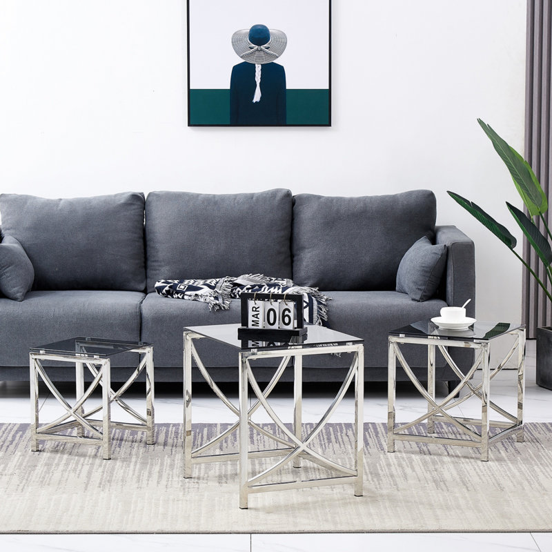 Modern Stainless Steel Nesting Tables With Tempered Glass Top Set of 3 For Living Room (Curve), Chrome/Black Grey
